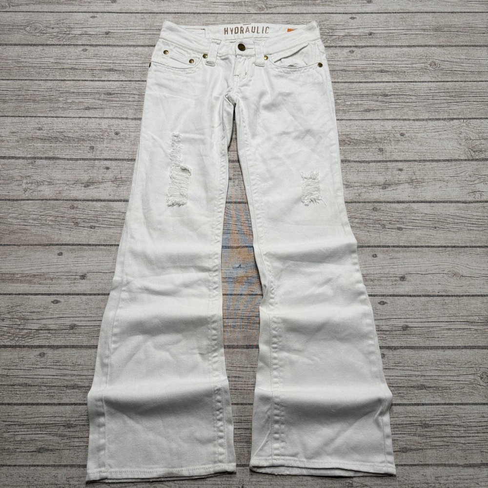 Hydraulic Jeans Women's 3/4 White Denim Low Rise Flare Leg Slim Fit Distressed